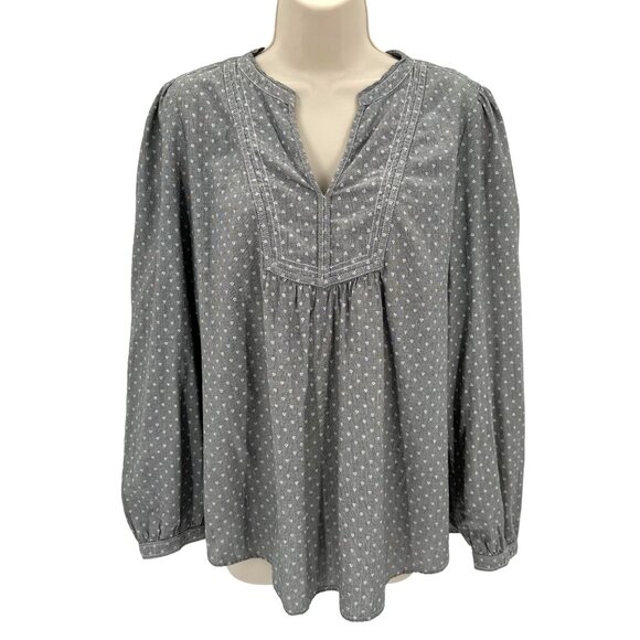 Loft Womens Gray Polka Dot Puffed Long Sleeve Cotton Smocked  Blouse Size L - Picture 1 of 7